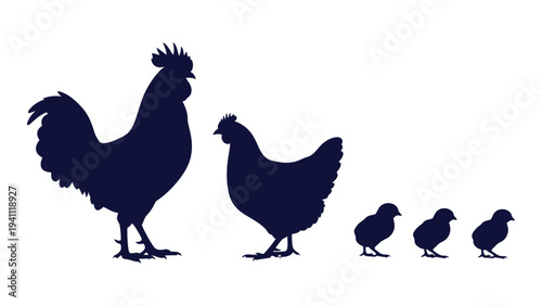 A rooster and a hen with three chicks