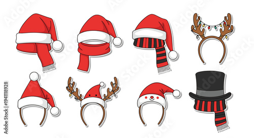 Variety of christmas themed headwear including santa hats, reindeer antlers, and snowman hats with matching scarves.