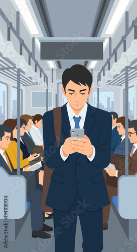 Businessman using smartphone on crowded commuter train, daily commute