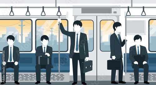 Commuters in Business Suits on a Train, Traveling to Work