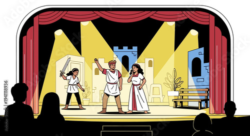 Children Perform Ancient Greek Play on Stage with Audience Silhouettes