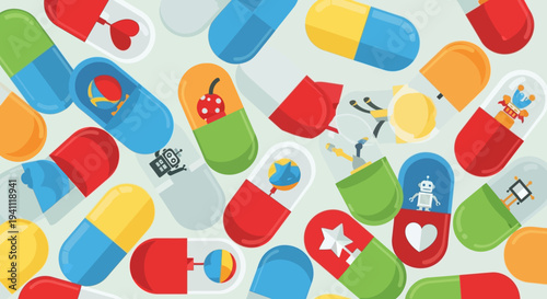 Colorful Open Capsules with Small Toys Inside, Creative Concept