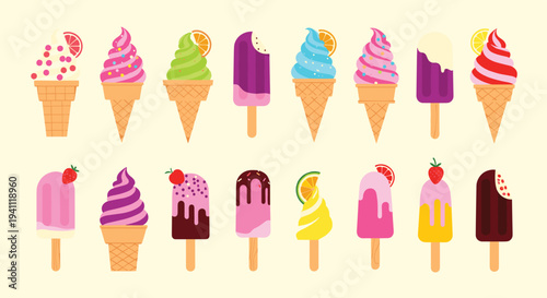 Large collection of colorful ice cream cones and fruit popsicles with various toppings on a soft yellow background.