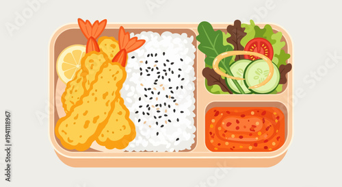 Healthy Bento Box Lunch with Shrimp Tempura, Rice, Salad, and Sauce