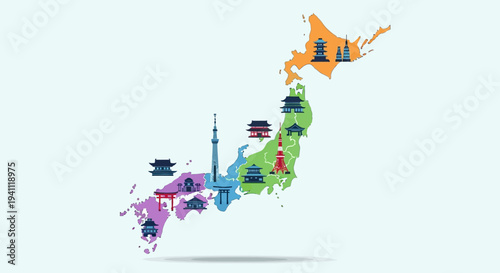 Japan Map with Landmarks and Regions Illustrated
