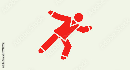 Dynamic red graphic icon of a person falling, stumbling, or losing balance, symbolizing risk, accident, danger, and critical problems. Vector illustration.