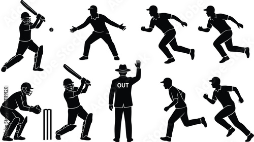 Cricket player silhouettes set including batsman hitting ball, wicketkeeper standing behind stumps, umpire signaling out, and fielders running on white background for sports design