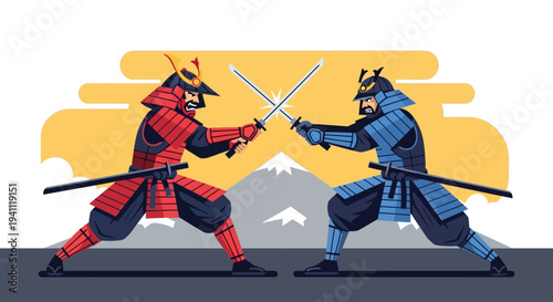 Samurai Warriors Duel with Swords in Front of Mount Fuji