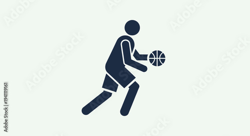 Minimalist dark blue silhouette icon of a basketball player dribbling the ball, representing sport, activity, and competition. Ideal for web graphics, apps, and educational materials.