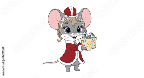 Sweet little mouse dressed in a red royal winter gown and hat holding a small yellow gift box for the holidays.