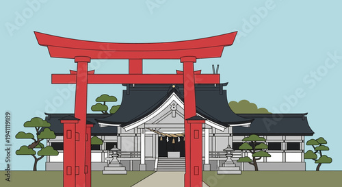 Traditional Japanese Shrine with Red Torii Gate and Cherry Blossoms