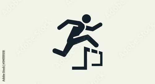Minimalist black silhouette icon of a person jumping over a hurdle, symbolizing overcoming challenges, achieving goals, and athletic determination.