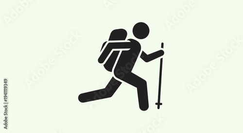 Silhouette of a hiker with backpack and trekking pole walking on a light background, representing outdoor adventure and active lifestyle.