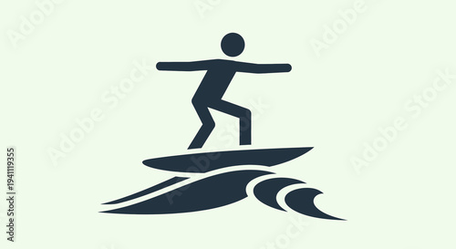 Vector icon: Surfer riding a wave. Black silhouette of a person on a surfboard, symbolizing ocean sports, summer activities, beach leisure, and active life.