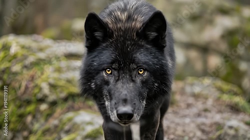 Black Wolf Standing on Rocky Terrain.
