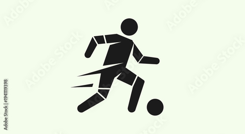 Dynamic black silhouette of a soccer player dribbling the ball with speed lines on a light background, representing action, sport, and athletic movement.