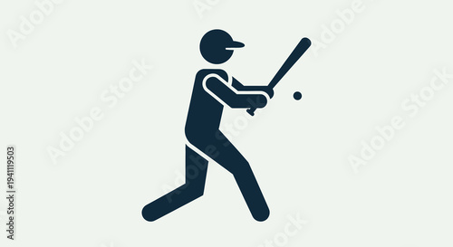 Stylized icon of a baseball player in action, swinging a bat to hit a ball during a game. Dynamic sports pictogram representing competition and athleticism.