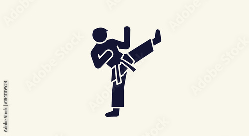 Silhouette icon of martial artist performing a high kick. Represents strength, discipline, combat sports, fitness, self-defense, and training.