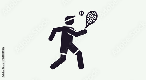 Silhouette of a tennis player hitting a ball with a racket, dynamic action pose, isolated on a white background, sports icon