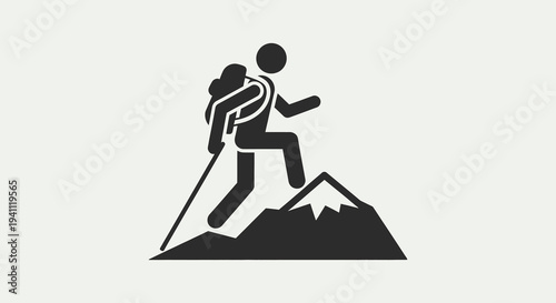 Silhouette hiker with backpack and trekking pole climbing a mountain peak, representing adventure and outdoor activity