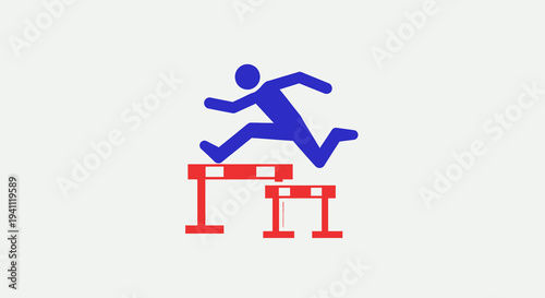 Blue silhouette of a person jumping over hurdles, representing sports, achievement, and overcoming obstacles