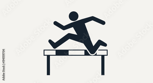 Minimalist silhouette of a person jumping over a hurdle, symbolizing overcoming challenges, achieving goals, success, competition, and personal growth.