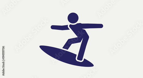 Minimalist dark blue stick figure icon of a person surfing on a surfboard, symbolizing water sports, balance, summer activities, and beach lifestyle. Simple graphic illustration.