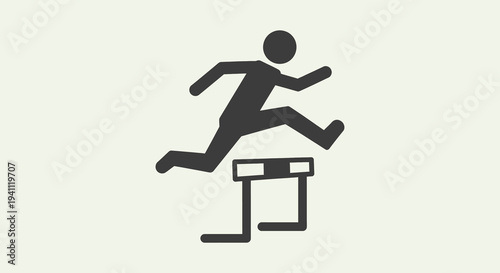 Dynamic stick figure icon depicting a runner leaping over a hurdle, illustrating concepts of challenge, achievement, progress, and resilience in sports and business endeavors.
