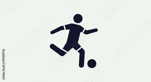 Minimalist silhouette icon of a soccer player kicking a football, representing sport, activity, and healthy lifestyle. Simple graphic design for web and print applications.