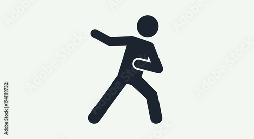 Simple black stick figure icon depicting a person in a dynamic punching or striking pose, isolated on a clean white background, representing action, combat, or physical activity.