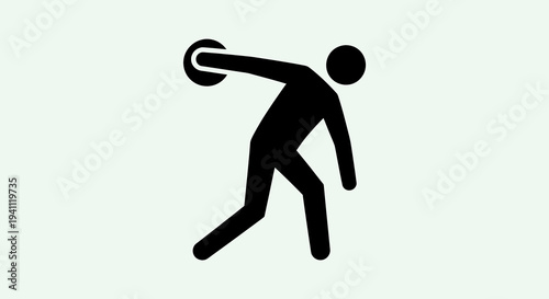 Dynamic black silhouette icon of a discus thrower in mid-action, illustrating the athletic sport of discus throwing, track and field events, and Olympic competition.