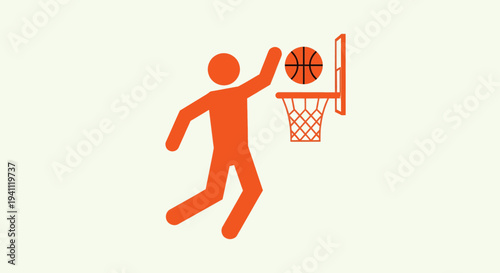 Dynamic orange stick figure illustration of a basketball player executing a powerful dunk shot, representing sport, athleticism, competition, and active lifestyle.
