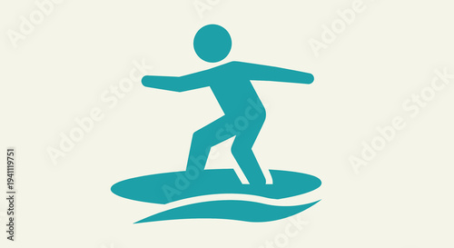 Stylized icon of a person surfing a wave, depicting water sports, leisure, and summer activities. Clean graphic design for recreation and outdoor fun.