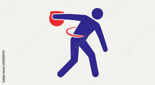 Stylized blue athlete throwing a red discus with a dynamic motion line, representing the sport of discus throw in a track and field competition, isolated vector icon on a white background.