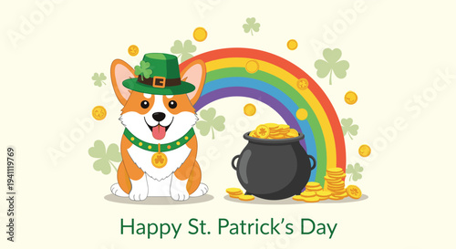 Adorable corgi dog wearing a leprechaun hat and lucky clover collar sits near a pot of gold and a colorful rainbow for St. Patrick's Day.