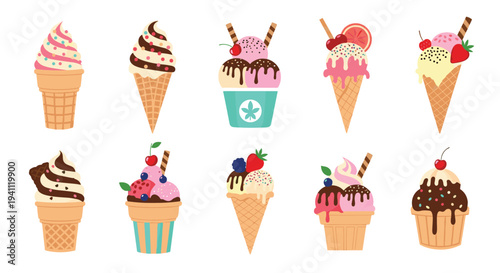 Assortment of delicious ice cream cones and cups with different flavors, toppings, and colorful decorations in a flat vector style.