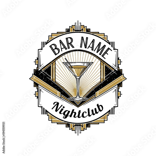 Art Deco Bar Nightclub Logo with Cocktail Glass Illustration