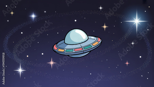 Colorful cartoon ufo flying through starry night space with vibrant lights and celestial bodies