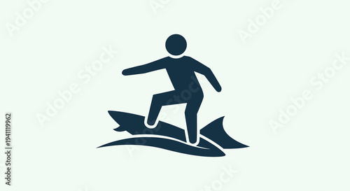 Surfing man silhouette on wave, surfer action icon