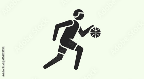 Black silhouette of a basketball player in motion on a pale green background