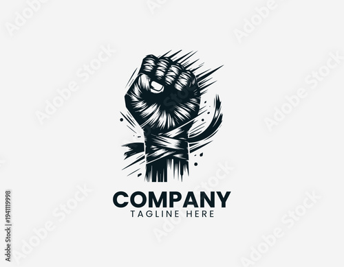 Clenched fist wrapped in bandages black vector logo illustration isolated on white background