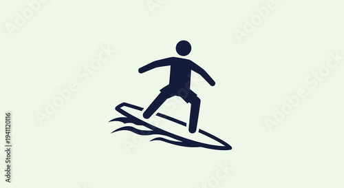 Dynamic dark silhouette icon of a person surfing on a surfboard, capturing the essence of summer water sports and beach leisure activities.
