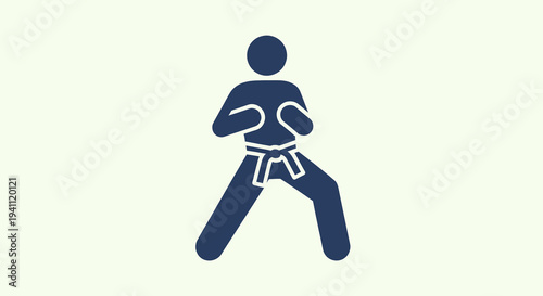 Dark blue silhouette icon of a martial artist in a ready fighting stance with a white belt, representing karate, self-defense, and combat sports training.