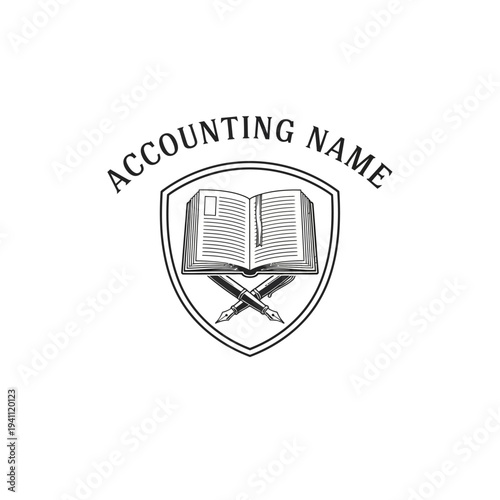 Accounting Professional Logo with Open Book and Crossed Fountain Pens