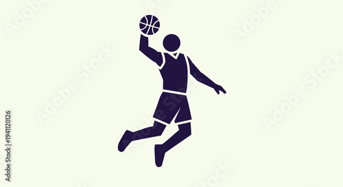Dynamic Basketball Player Icon: Silhouette of an Athlete in Mid-Air Action with Ball, Representing Sport, Competition, and Active Lifestyle
