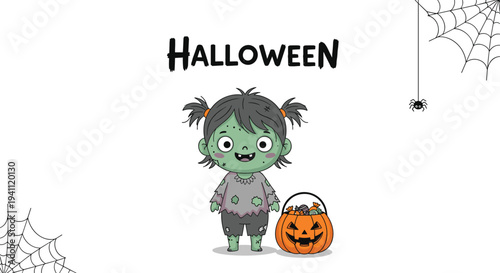 Little zombie girl with pigtails holding a pumpkin candy bucket for Halloween celebration with spiders and webs in the background.
