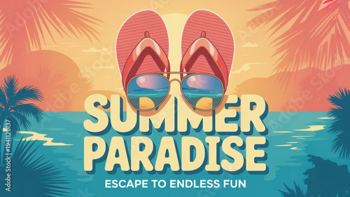 Vibrant summer paradise scene with flip flops and sunglasses on a tropical beach at sunset escape to endless fun