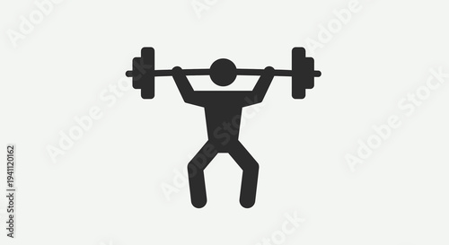 Simple black stick figure icon depicting a person lifting a heavy barbell overhead, symbolizing strength, fitness, and weightlifting exercise.
