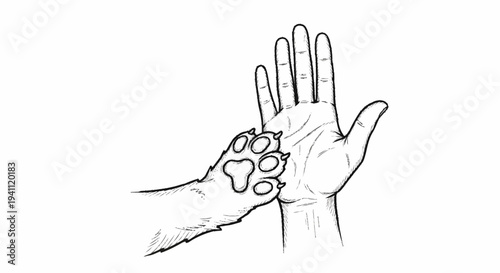 Hand with paw print on another hand.