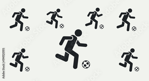 Dynamic black silhouette soccer player icons, depicting a team of athletes dribbling footballs, symbolizing sport, competition, and teamwork on a light background.